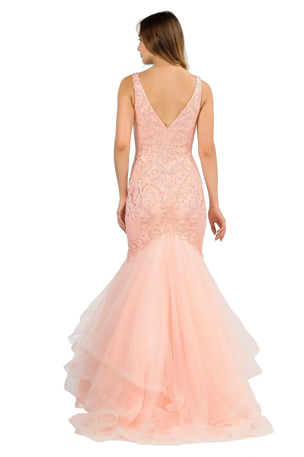 Long Embroidered V-Neck Mermaid Dress by Poly USA 8320