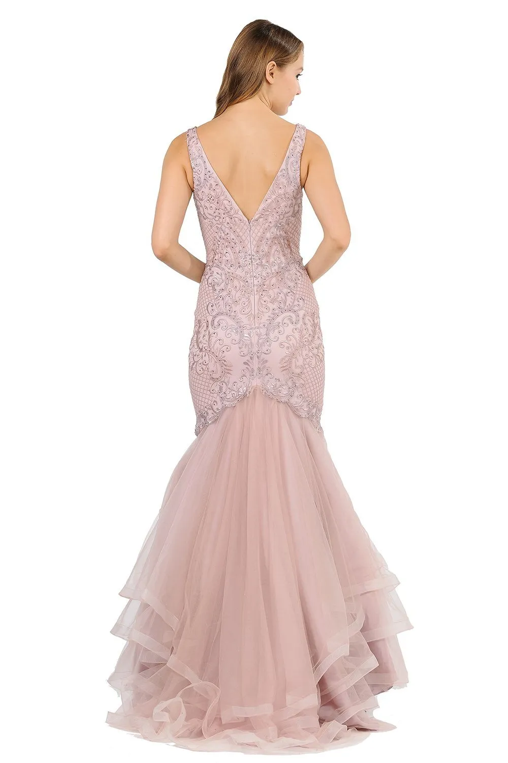 Long Embroidered V-Neck Mermaid Dress by Poly USA 8320