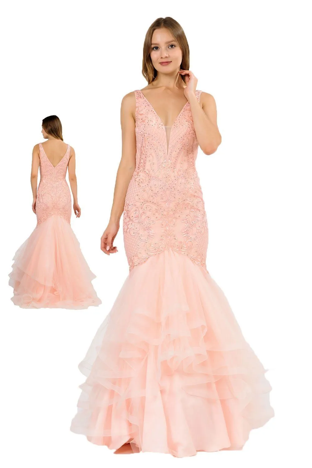 Long Embroidered V-Neck Mermaid Dress by Poly USA 8320