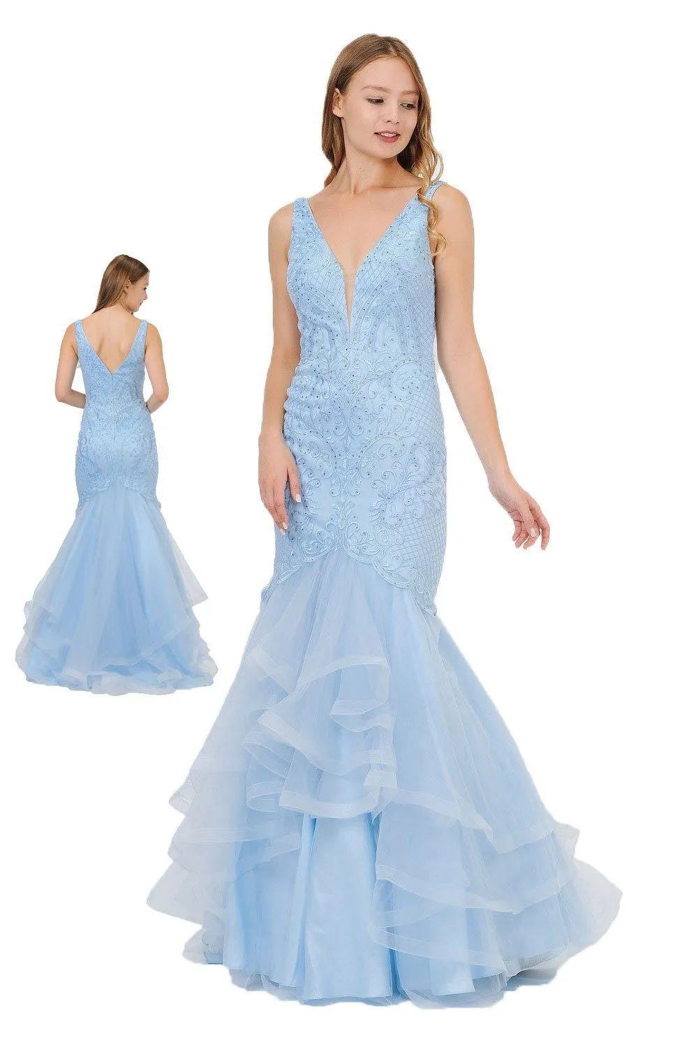 Long Embroidered V-Neck Mermaid Dress by Poly USA 8320
