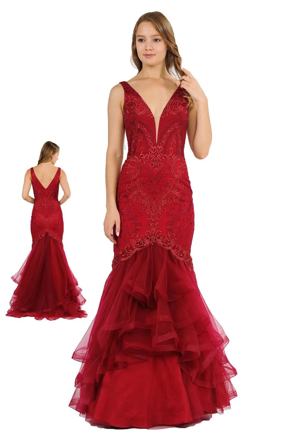 Long Embroidered V-Neck Mermaid Dress by Poly USA 8320