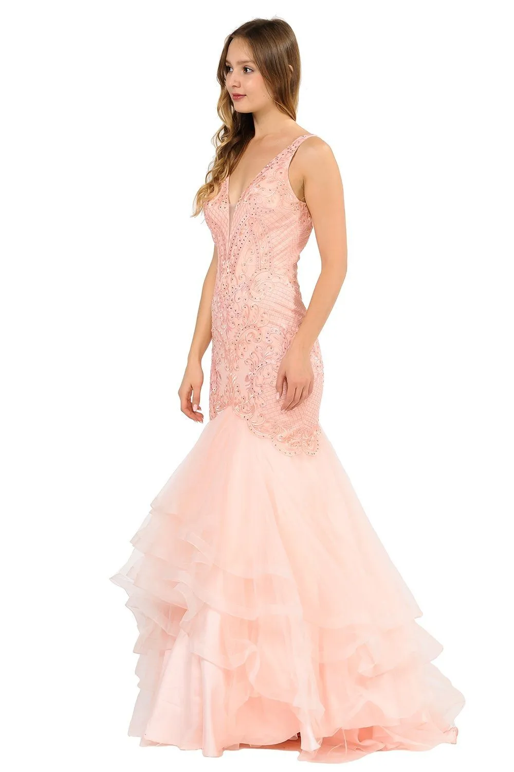 Long Embroidered V-Neck Mermaid Dress by Poly USA 8320
