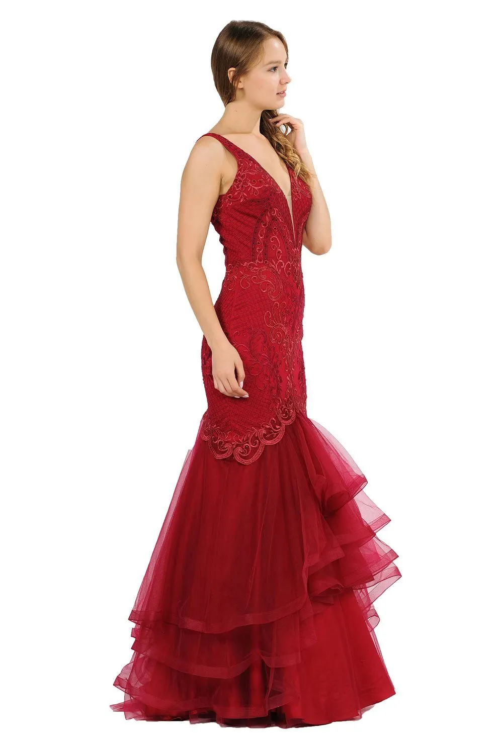 Long Embroidered V-Neck Mermaid Dress by Poly USA 8320