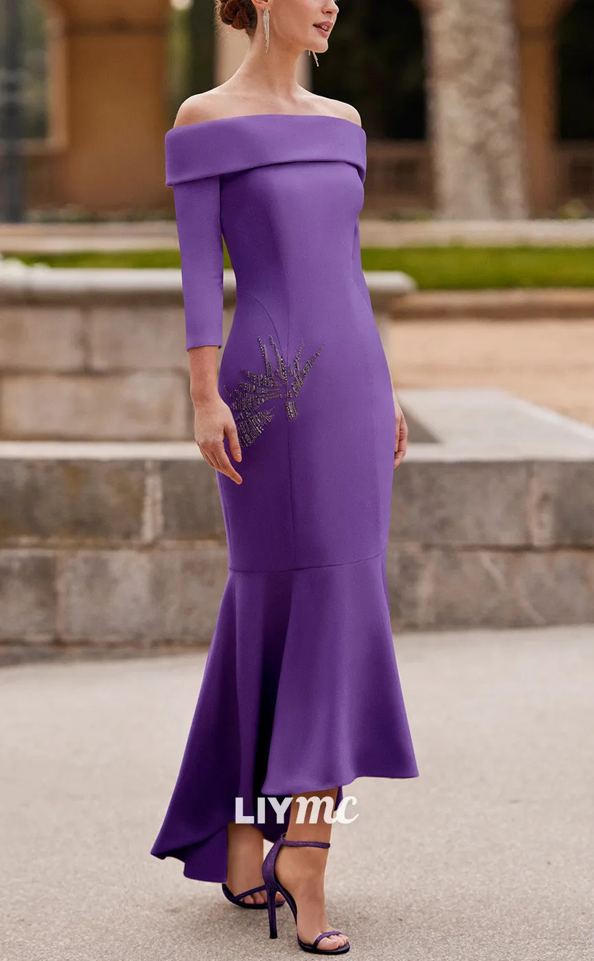 M1177 - Off-Shoulder Long Sleeves Sleek Satin Long Ruffled Mother of Bride Dress Cocktail Dress