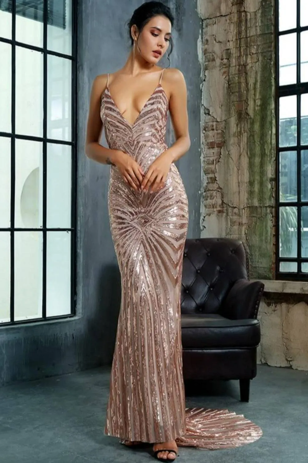 Mermaid Geometric Sequins Long Bridesmaid Dress - Gold