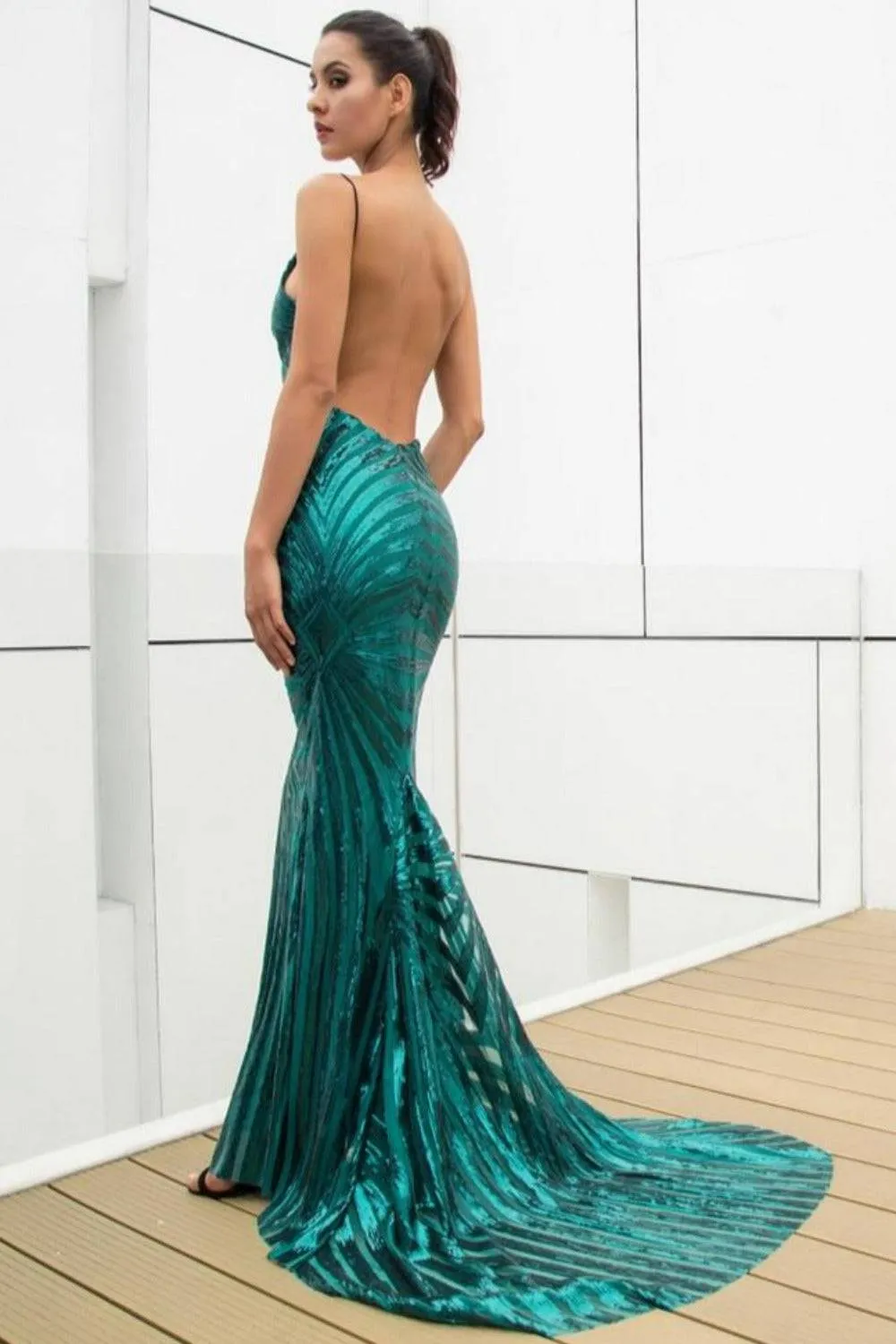 Mermaid Geometric Sequins Long Bridesmaid Dress - Green
