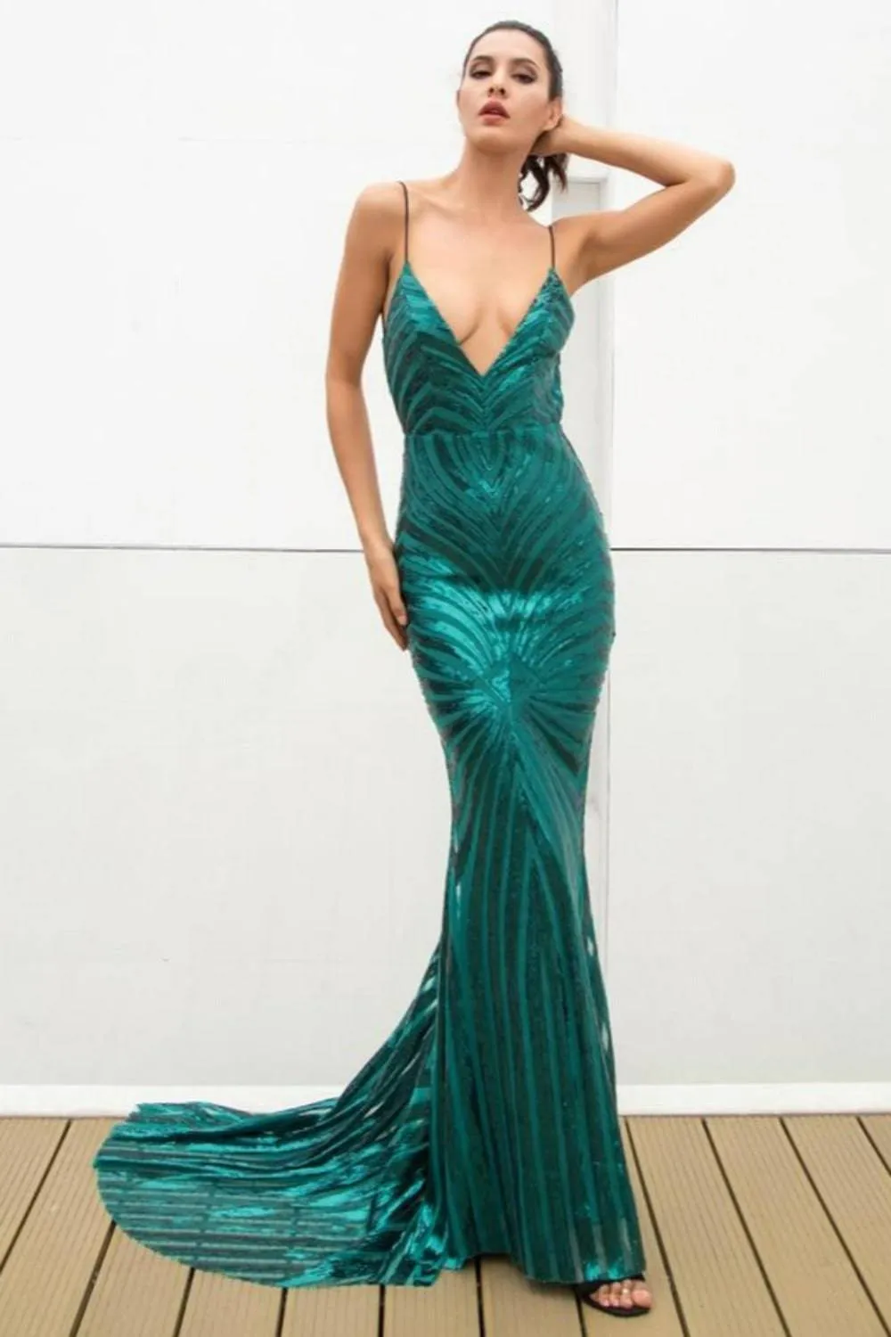 Mermaid Geometric Sequins Long Bridesmaid Dress - Green