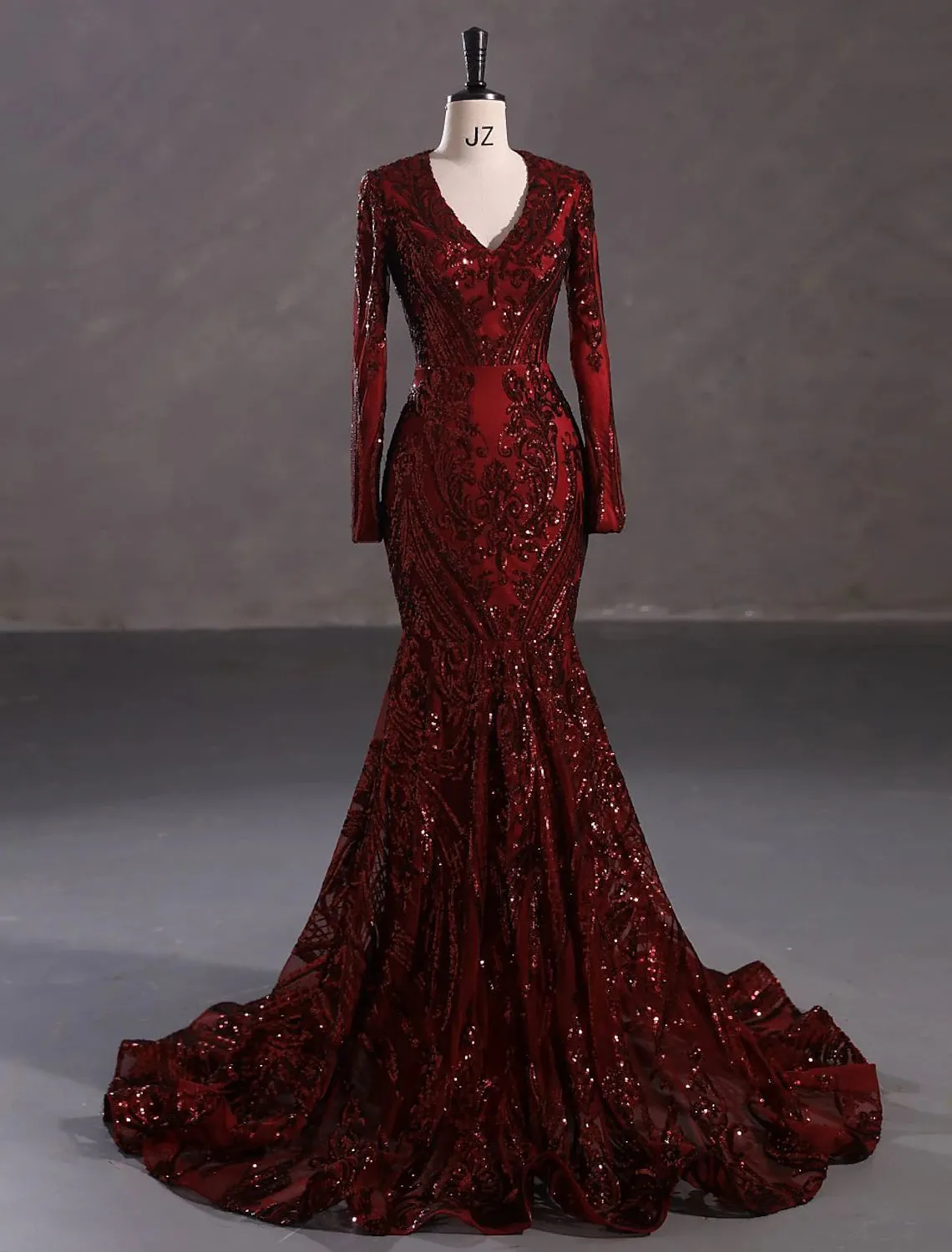 Mermaid / Trumpet Evening Gown Sparkle & Shine Dress Formal Court Train Long Sleeve V Neck African American Lace with Sequin
