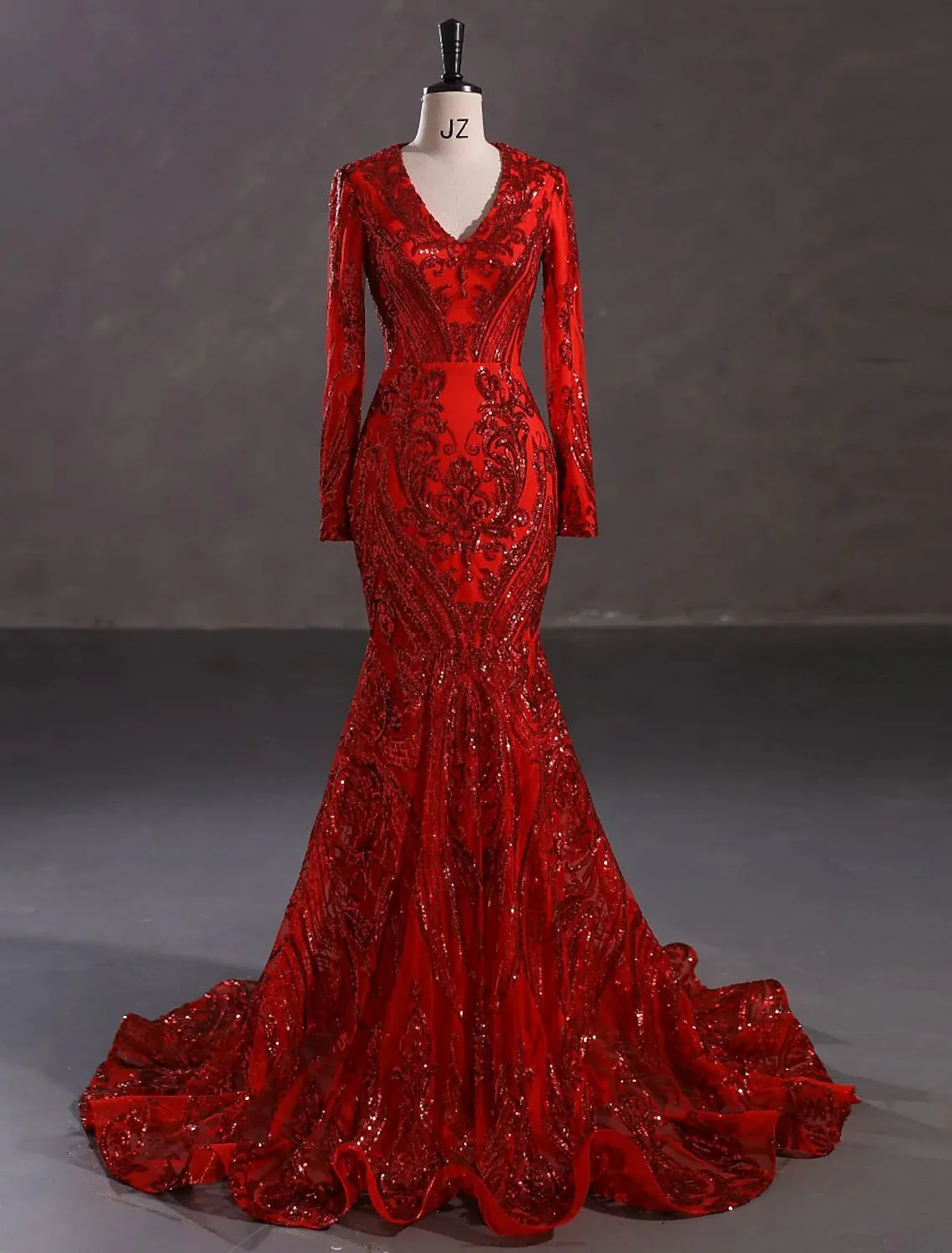 Mermaid / Trumpet Evening Gown Sparkle & Shine Dress Formal Court Train Long Sleeve V Neck African American Lace with Sequin