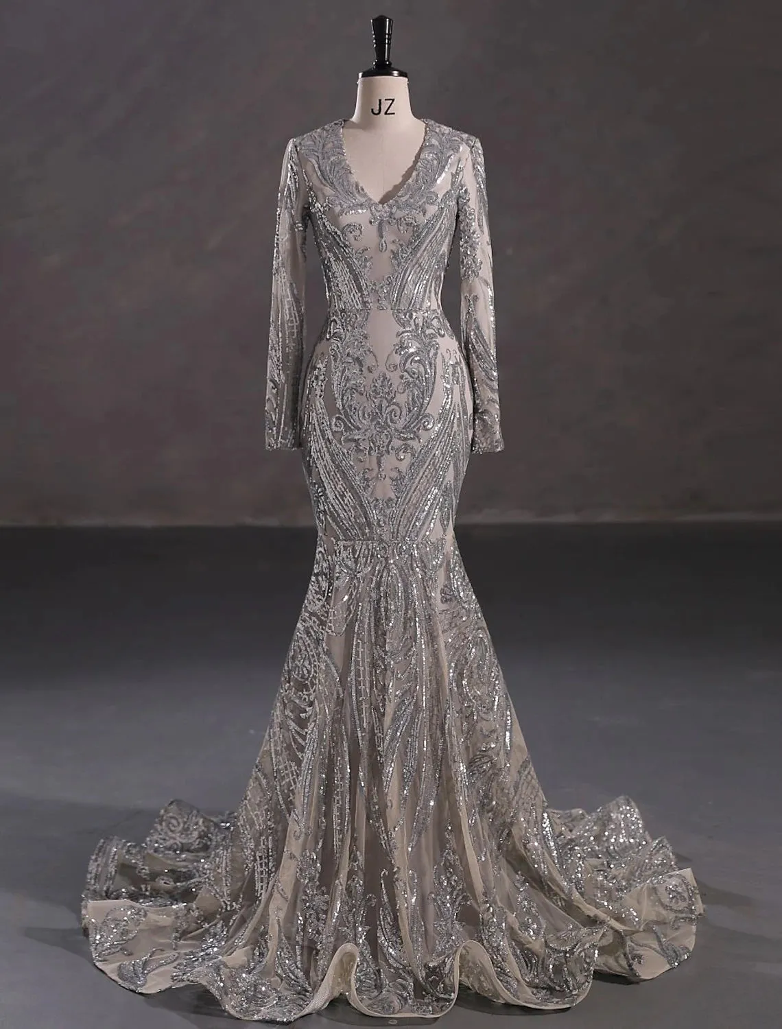 Mermaid / Trumpet Evening Gown Sparkle & Shine Dress Formal Court Train Long Sleeve V Neck African American Lace with Sequin