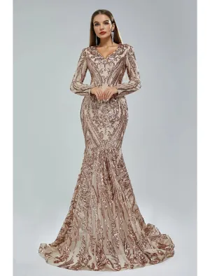 Mermaid / Trumpet Evening Gown Sparkle & Shine Dress Formal Court Train Long Sleeve V Neck African American Lace with Sequin