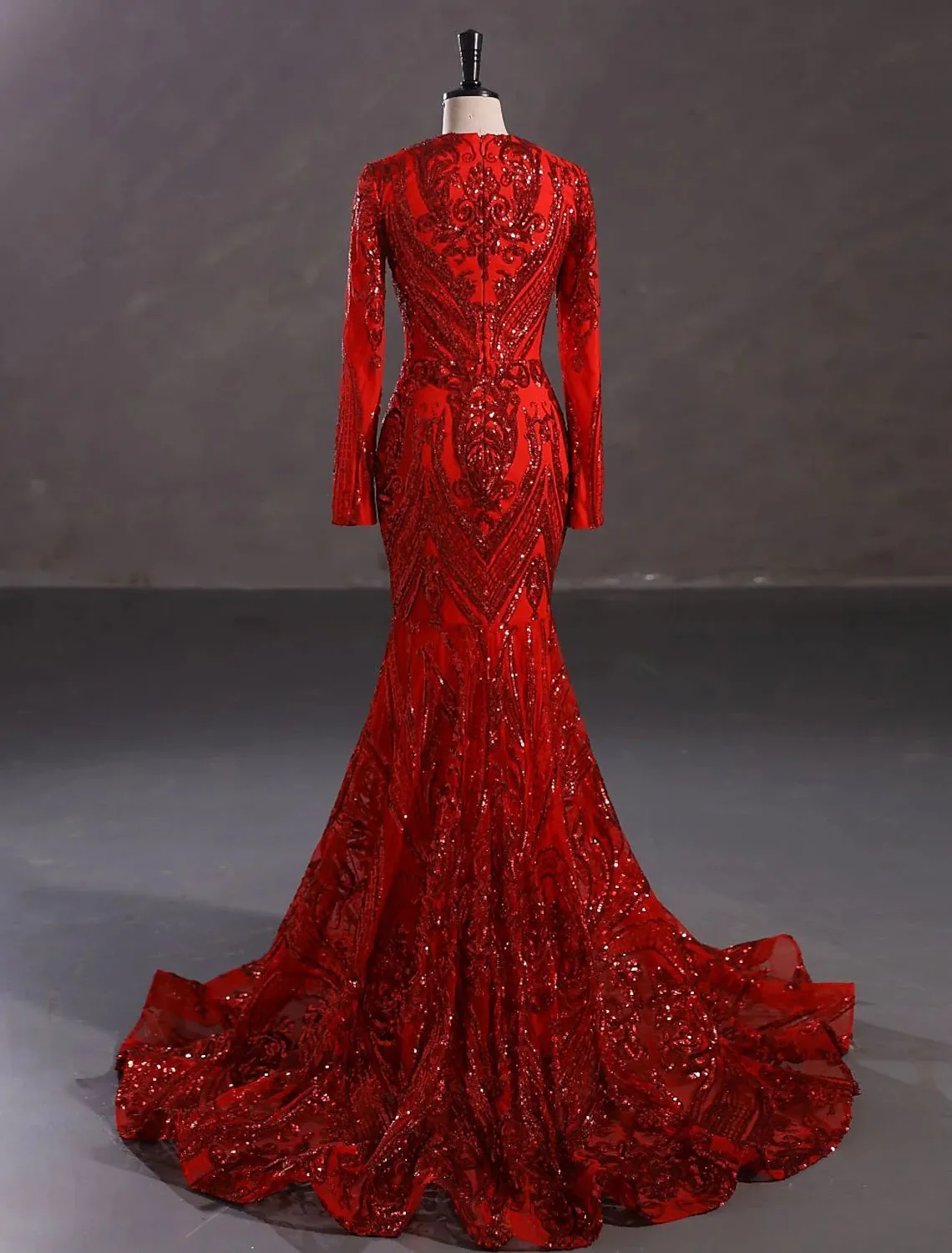 Mermaid / Trumpet Evening Gown Sparkle & Shine Dress Formal Court Train Long Sleeve V Neck African American Lace with Sequin