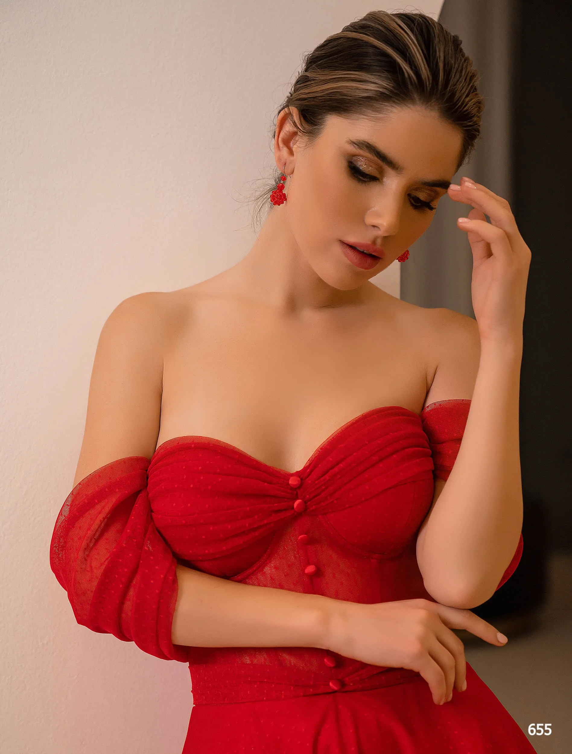 Midi Cocktail Dress with Draped Off Shoulder Sleeve