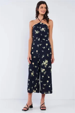Navy Blue Floral Print Sleeveless Gathered Chest Detail Open Back Halter Neck Tie Wide Leg Mini Jumpsuit /1-2-2