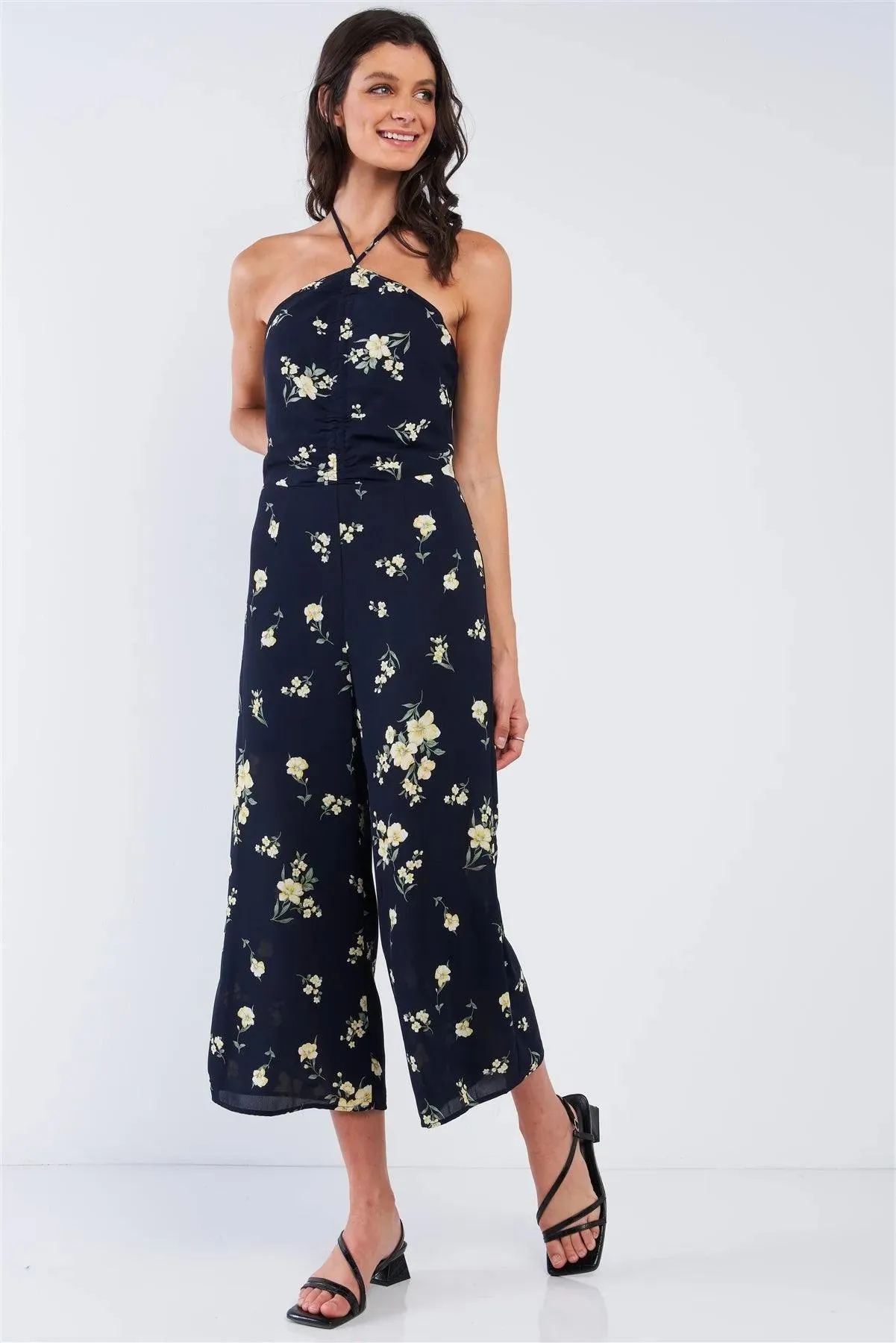 Navy Blue Floral Print Sleeveless Gathered Chest Detail Open Back Halter Neck Tie Wide Leg Mini Jumpsuit /1-2-2