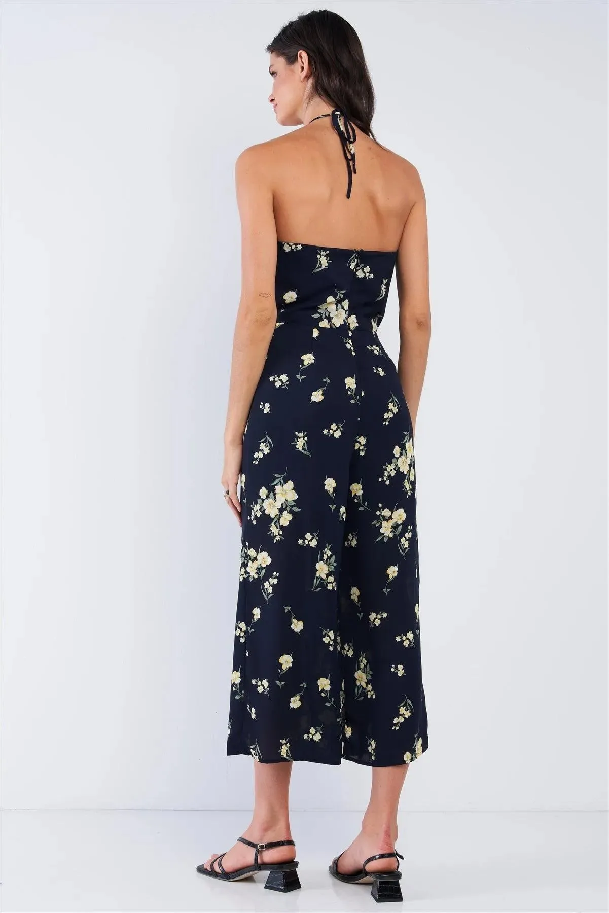 Navy Blue Floral Print Sleeveless Gathered Chest Detail Open Back Halter Neck Tie Wide Leg Mini Jumpsuit /1-2-2