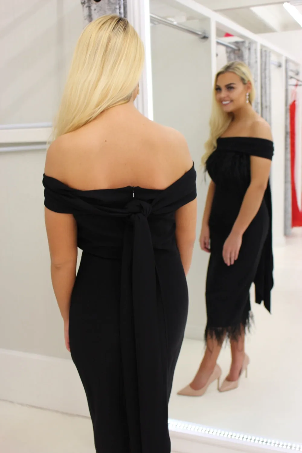 Off Shoulder Midi Cocktail Dress With Black Feather Detail