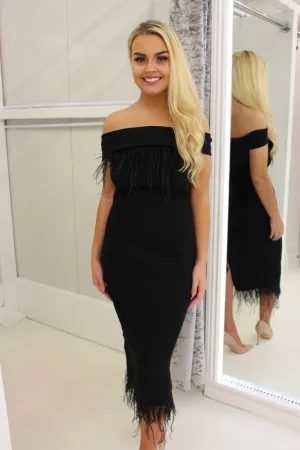 Off Shoulder Midi Cocktail Dress With Black Feather Detail