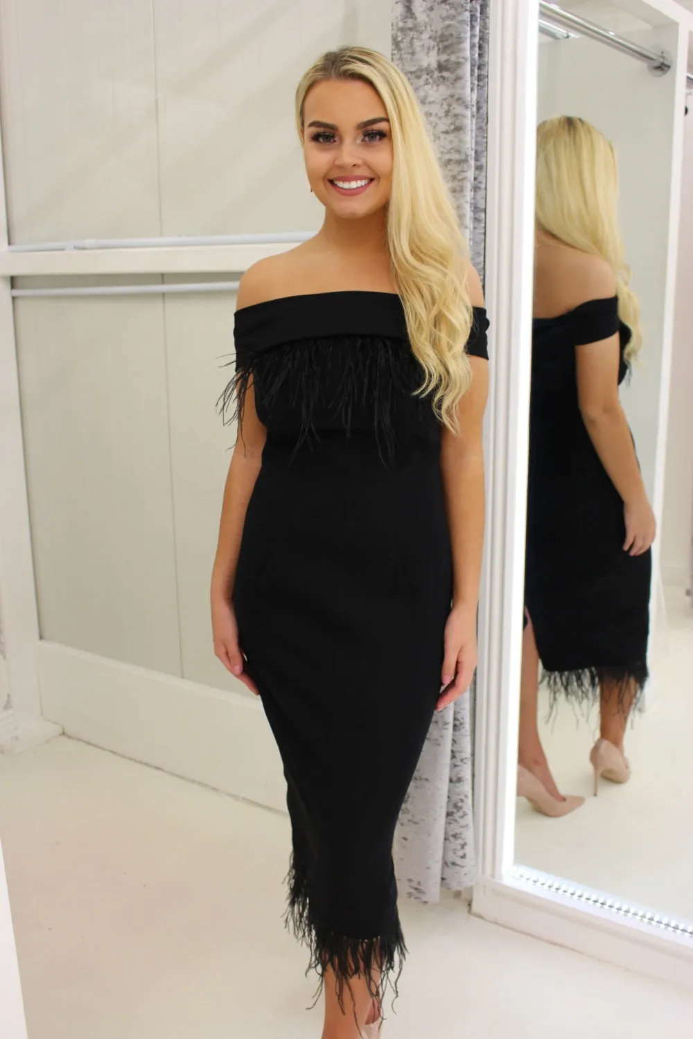 Off Shoulder Midi Cocktail Dress With Black Feather Detail