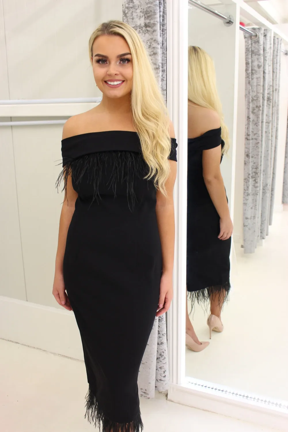 Off Shoulder Midi Cocktail Dress With Black Feather Detail