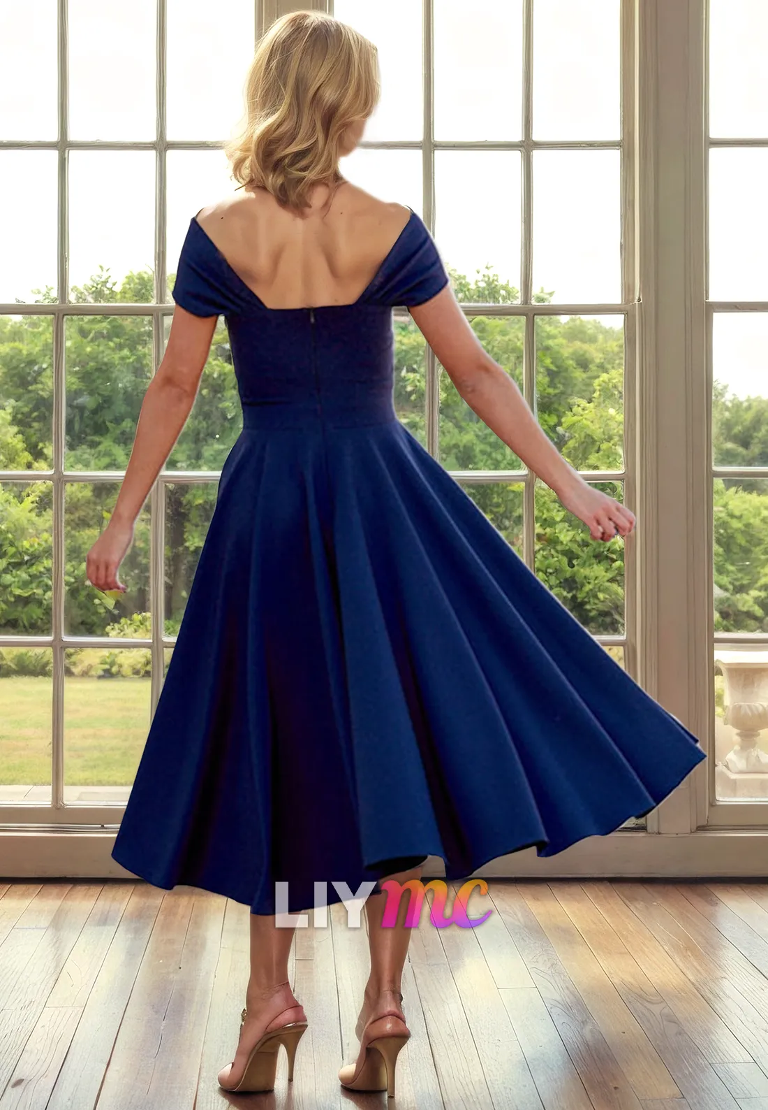 Off-Shoulder Sleeveless Sleek Pleated A-Line Mother of Bride Dress Cocktail Dress