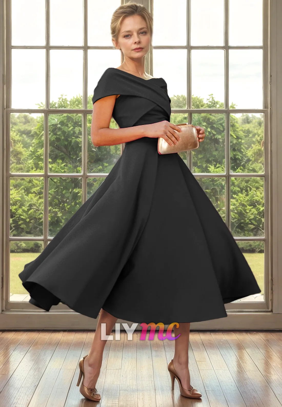 Off-Shoulder Sleeveless Sleek Pleated A-Line Mother of Bride Dress Cocktail Dress