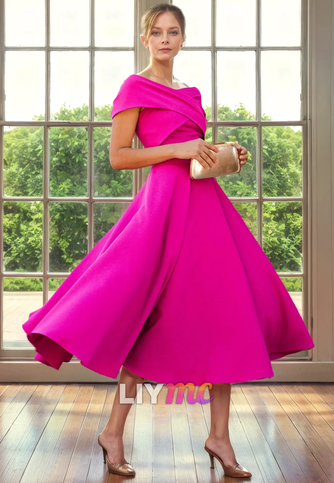 Off-Shoulder Sleeveless Sleek Pleated A-Line Mother of Bride Dress Cocktail Dress