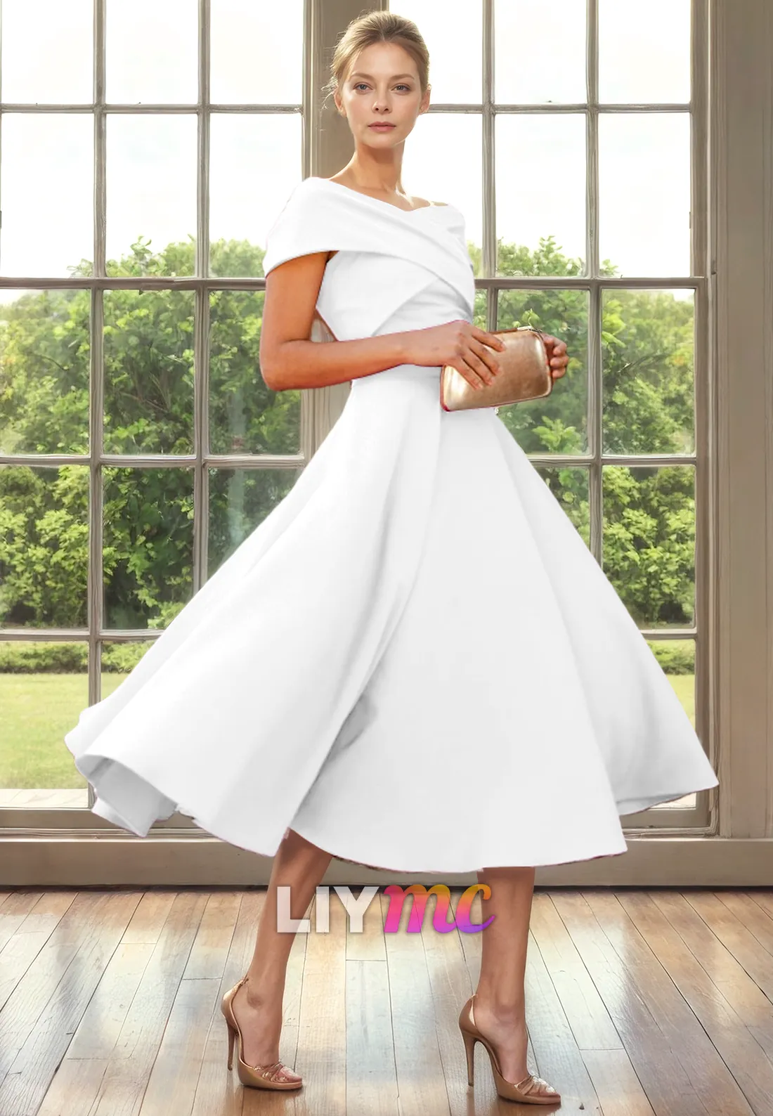 Off-Shoulder Sleeveless Sleek Pleated A-Line Mother of Bride Dress Cocktail Dress