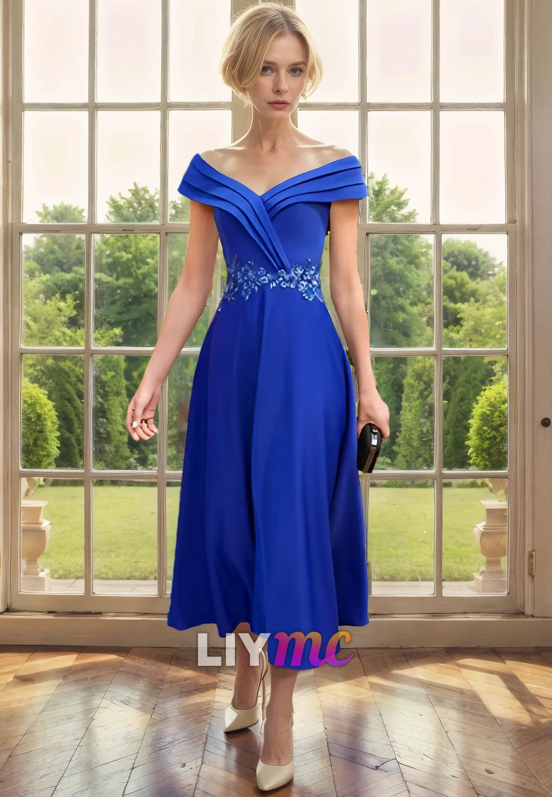 Off-Shoulder Strapless Chiffon Appliques Pleated A-Line Mother of Bride Dress Cocktail Dress