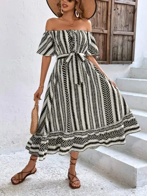 Off-Shoulder Tie Belt Midi Dress