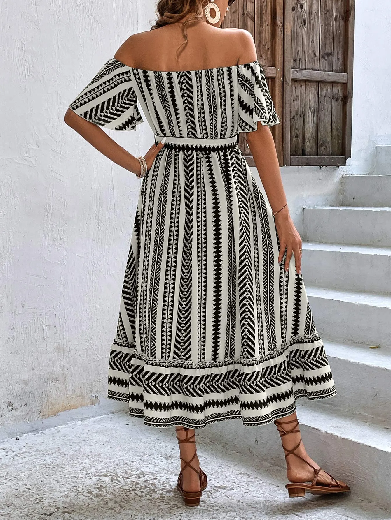 Off-Shoulder Tie Belt Midi Dress