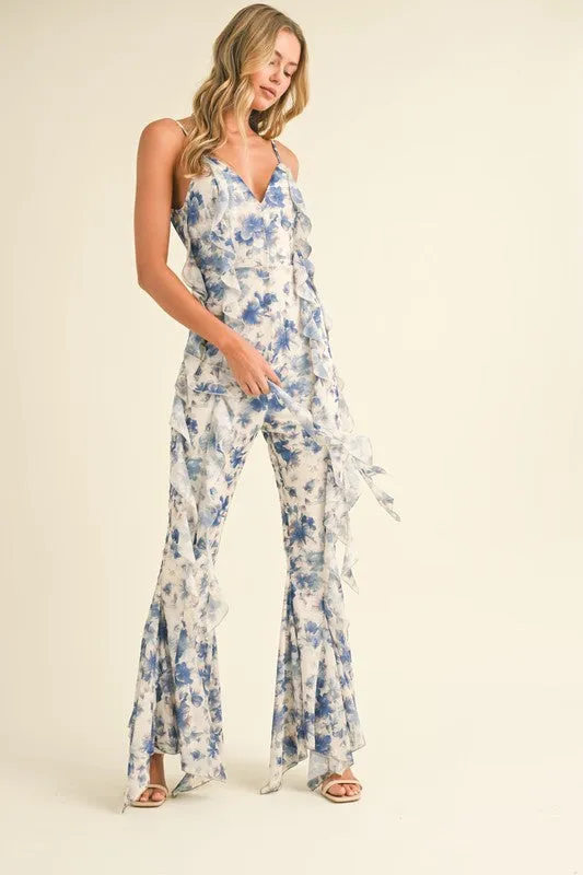 Off White Multi Floral Printed Open Back Jumpsuit With Frills