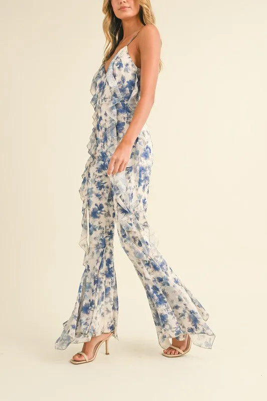 Off White Multi Floral Printed Open Back Jumpsuit With Frills