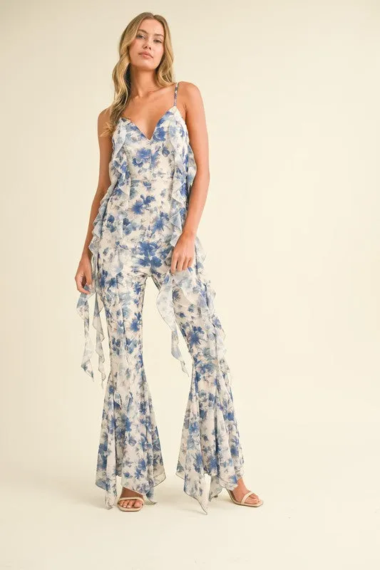 Off White Multi Floral Printed Open Back Jumpsuit With Frills