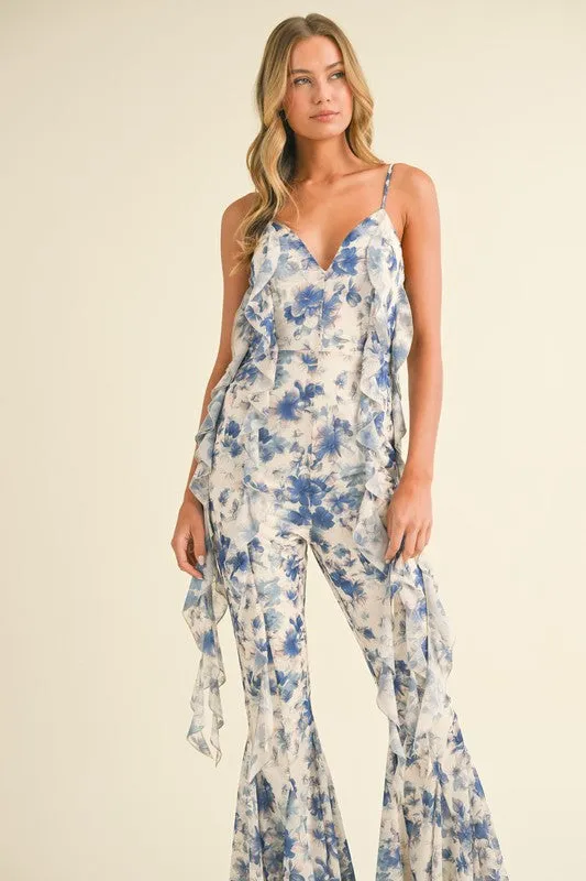 Off White Multi Floral Printed Open Back Jumpsuit With Frills