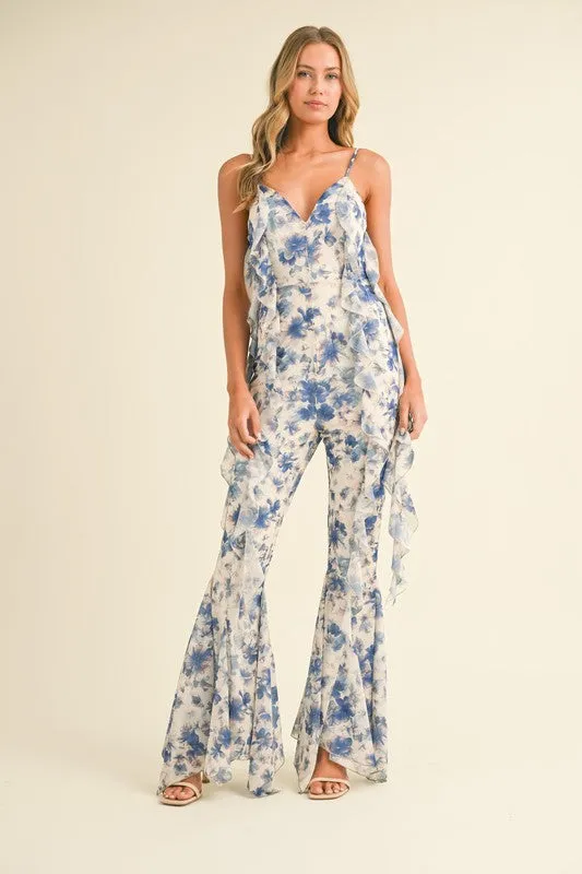 Off White Multi Floral Printed Open Back Jumpsuit With Frills
