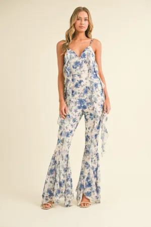 Off White Multi Floral Printed Open Back Jumpsuit With Frills
