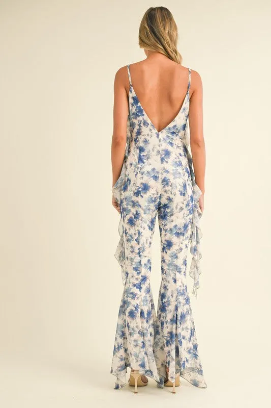 Off White Multi Floral Printed Open Back Jumpsuit With Frills