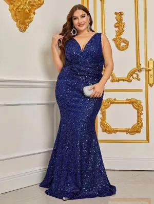 Plus Deep V Sleeveless Sequin Formal Dresses