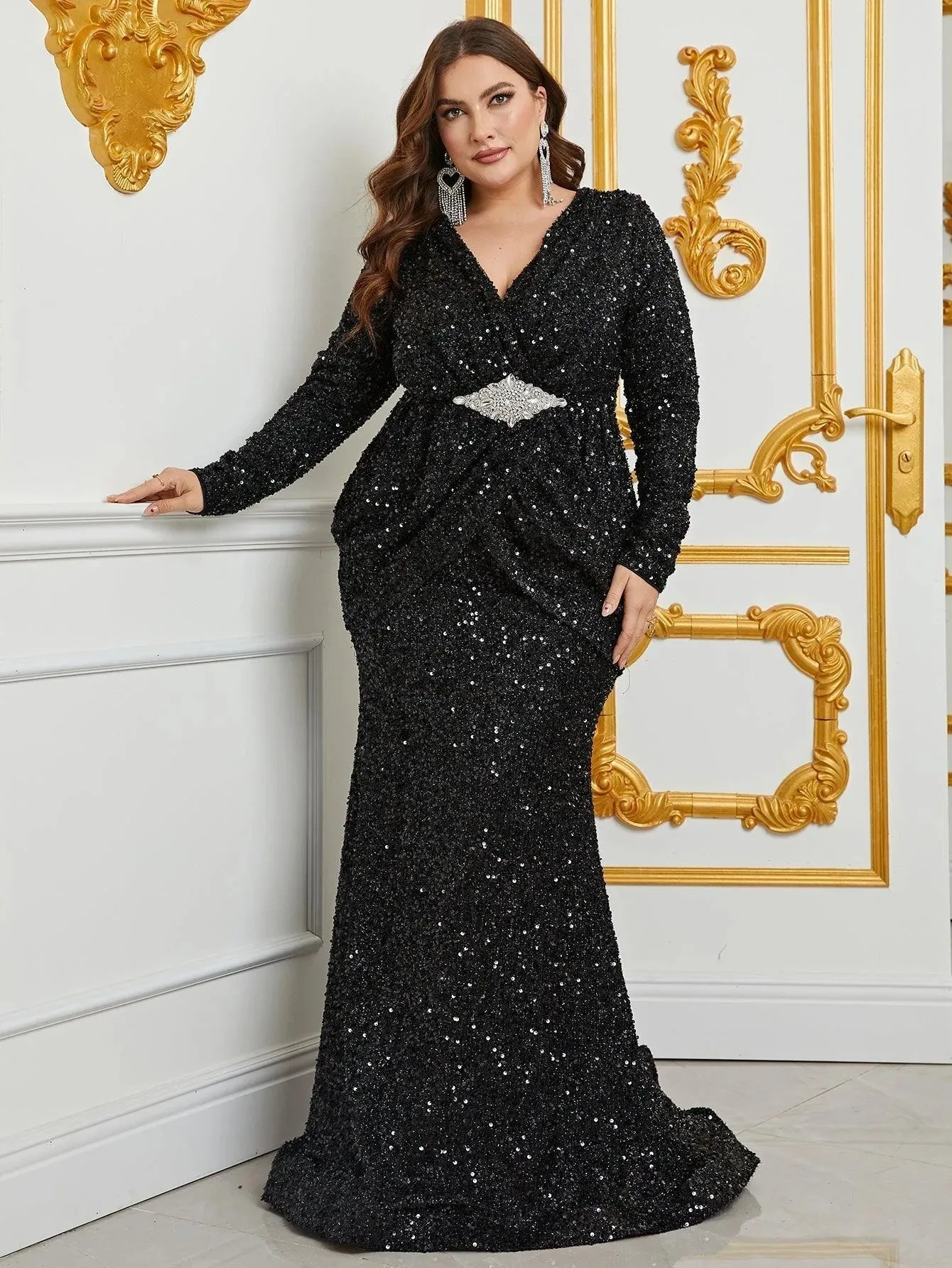 Plus Rhinestone Detail Sequin Mermaid Dress