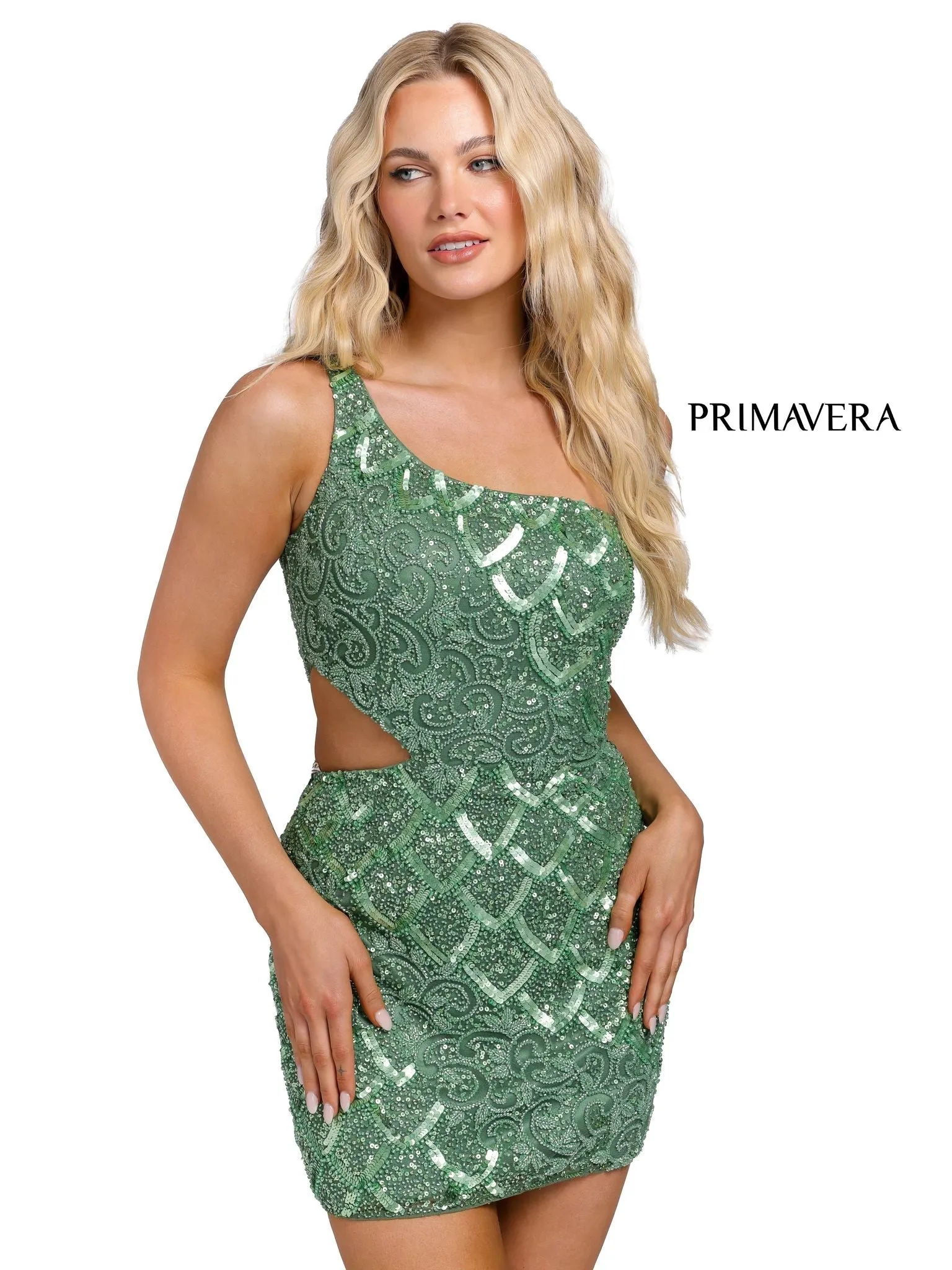 Primavera Couture 3504 Size 12 Sage Green One Shoulder Cut Out Cocktail Dress