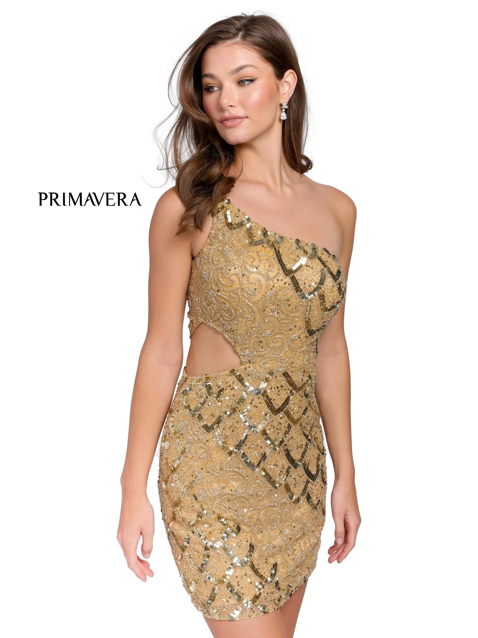 Primavera Couture 3504 Size 12 Sage Green One Shoulder Cut Out Cocktail Dress