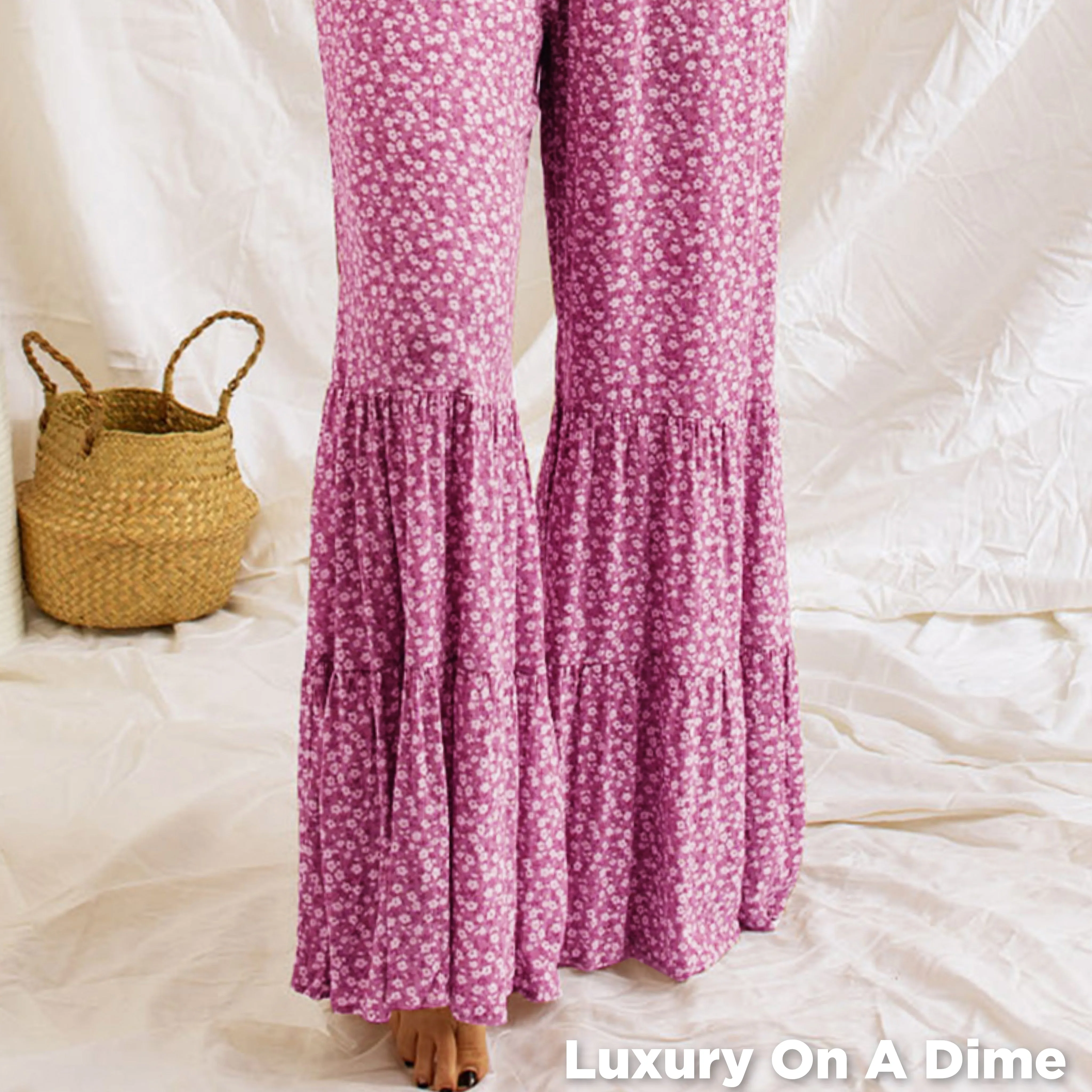 Retro Hippie Pant One-piece Smocked Tiered Wide Leg Bell Bottom Jumpsuit Floral