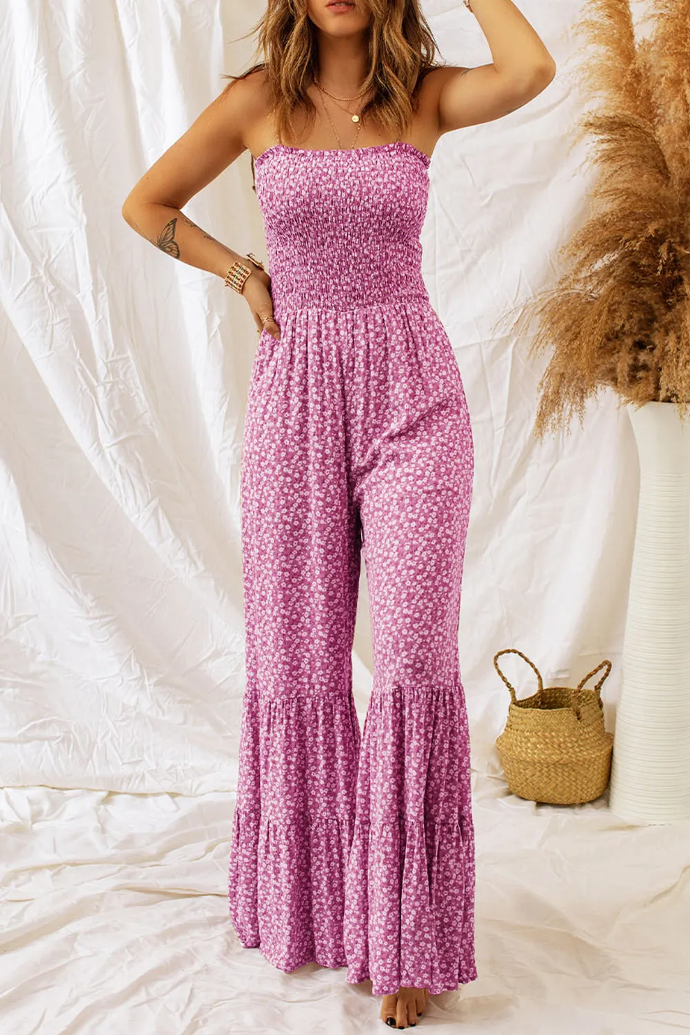 Retro Hippie Pant One-piece Smocked Tiered Wide Leg Bell Bottom Jumpsuit Floral