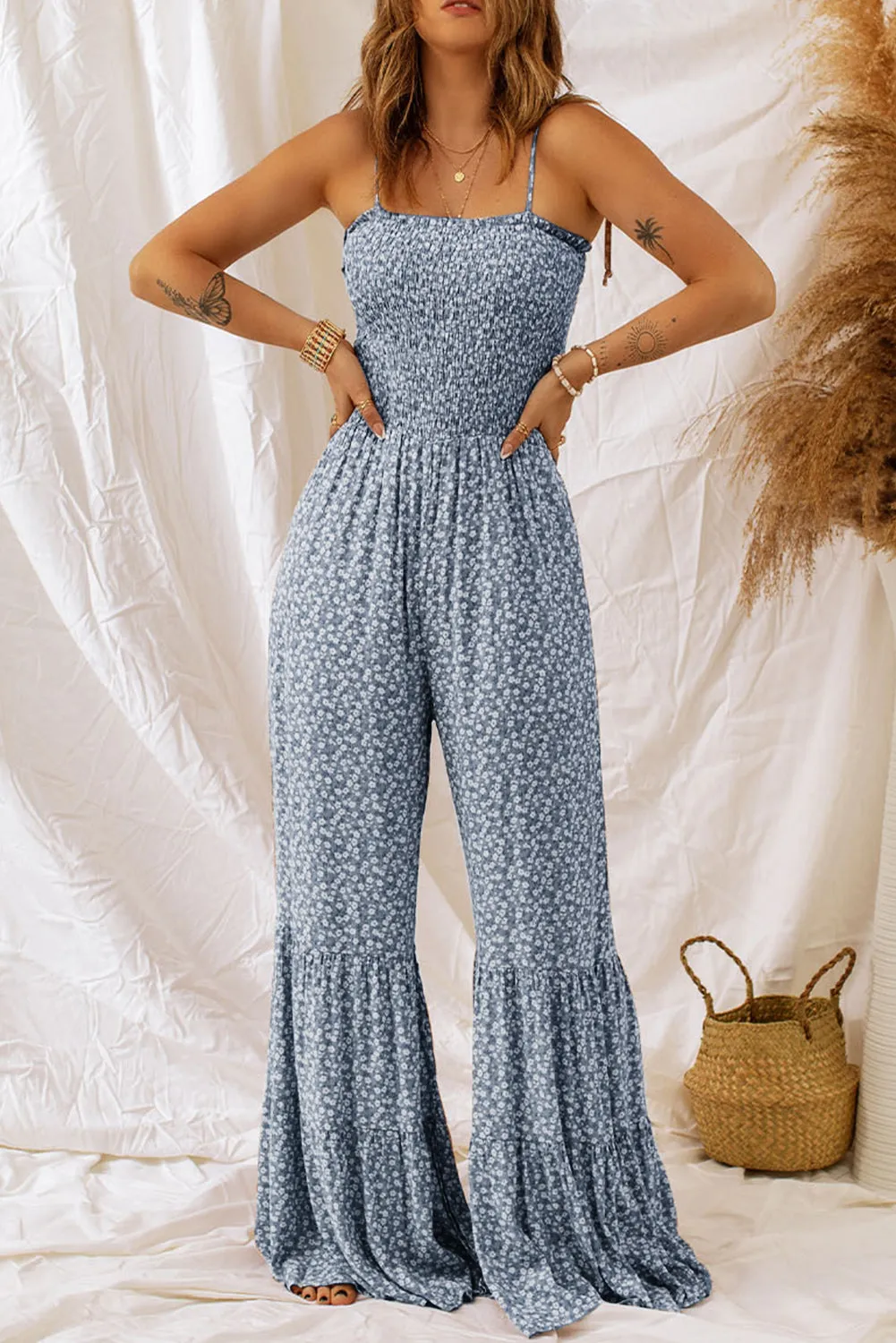 Retro Hippie Pant One-piece Smocked Tiered Wide Leg Bell Bottom Jumpsuit Floral