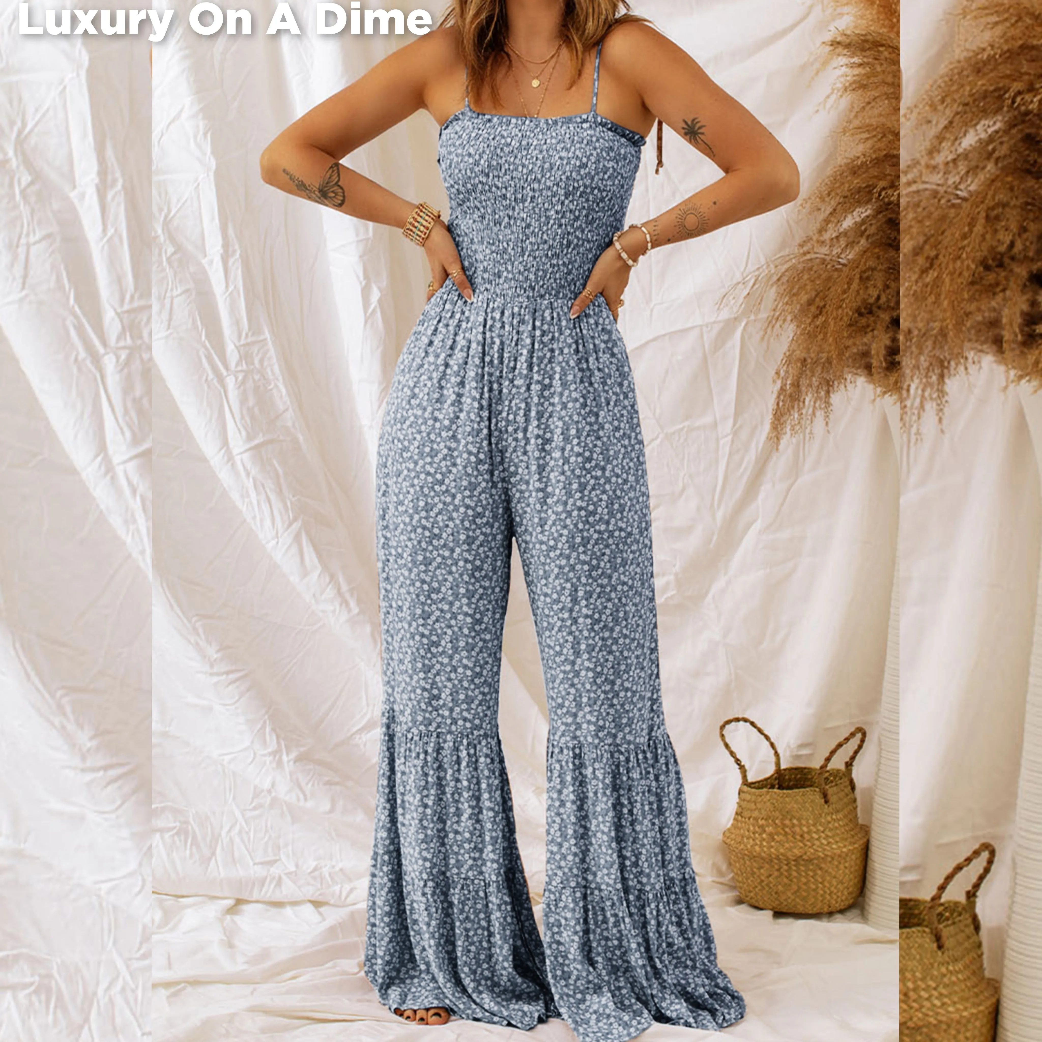 Retro Hippie Pant One-piece Smocked Tiered Wide Leg Bell Bottom Jumpsuit Floral