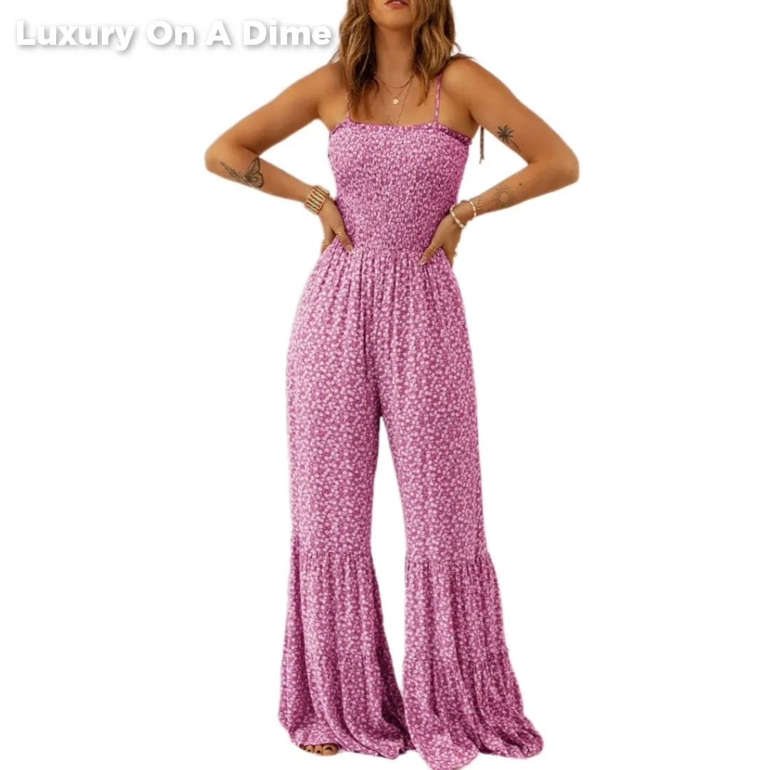 Retro Hippie Pant One-piece Smocked Tiered Wide Leg Bell Bottom Jumpsuit Floral