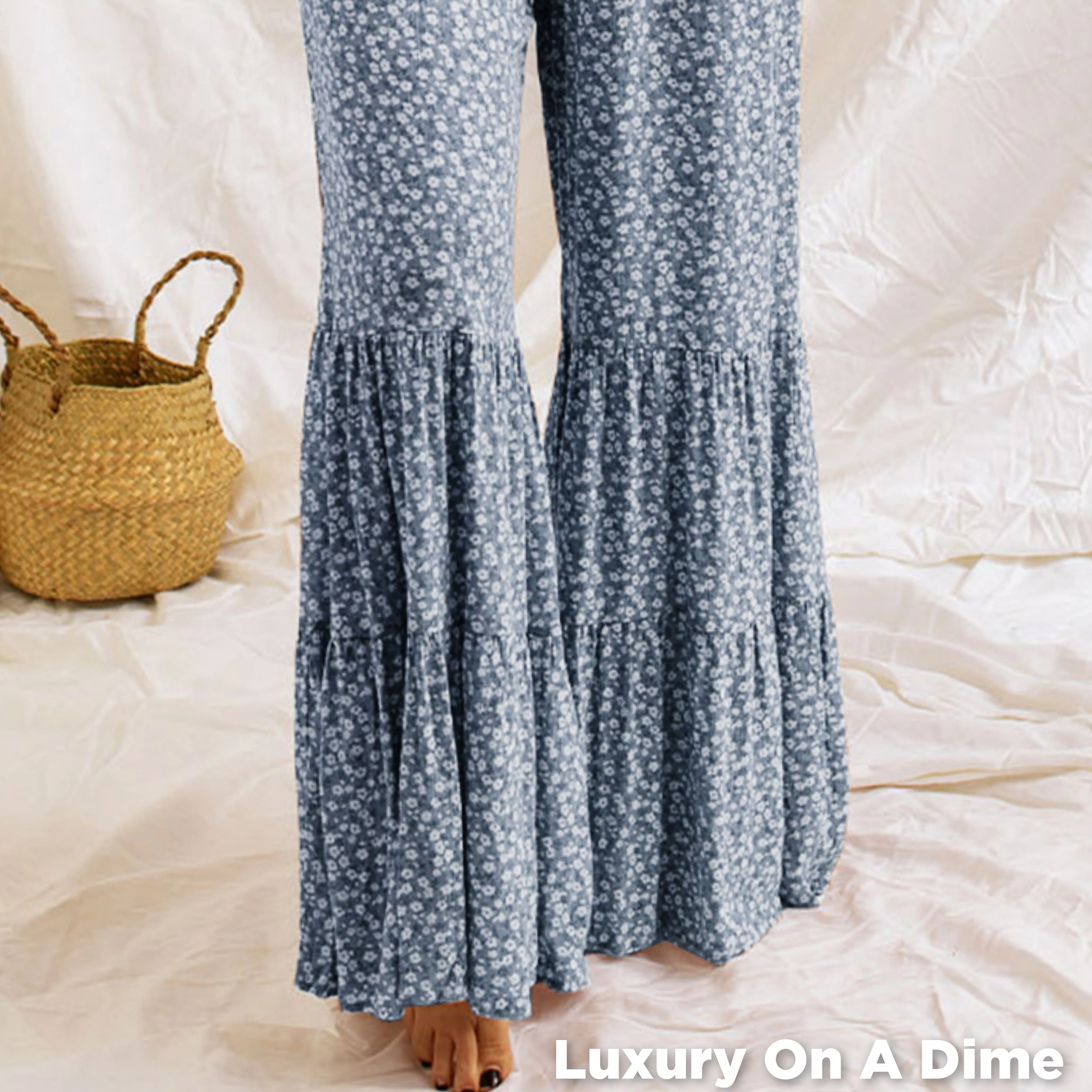 Retro Hippie Pant One-piece Smocked Tiered Wide Leg Bell Bottom Jumpsuit Floral