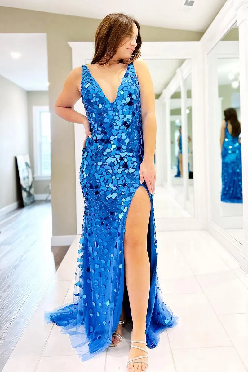 Royal Blue Mermaid V Neck Mirror-Cut Long Prom Dress With Split