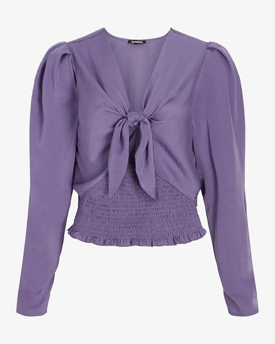 Satin Tie Front Smocked Top in Iris